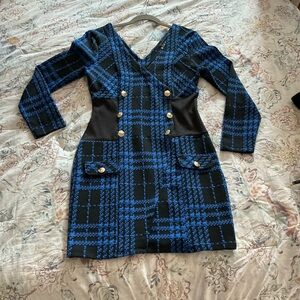Elegant Venus Blue and Black Plaid Dress